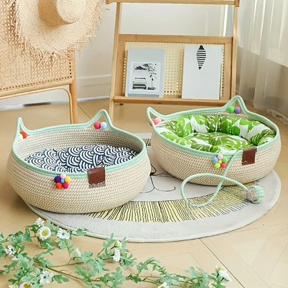 Cartoon Pet Cat Bed Round Hand Woven Rattan Cat Beds Summer Cooling Kitten Basket Cotton Rope Cat Scratching Baskets