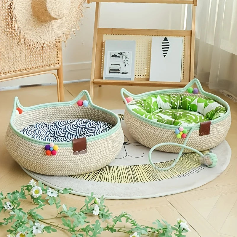 Cartoon Pet Cat Bed Round Hand Woven Rattan Cat Beds Summer Cooling Kitten Basket Cotton Rope Cat Scratching Baskets