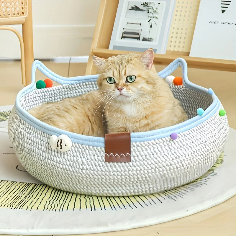 Cartoon Pet Cat Bed Round Hand Woven Rattan Cat Beds Summer Cooling Kitten Basket Cotton Rope Cat Scratching Baskets