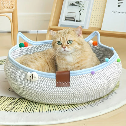 Cartoon Pet Cat Bed Round Hand Woven Rattan Cat Beds Summer Cooling Kitten Basket Cotton Rope Cat Scratching Baskets