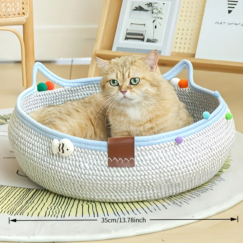 Cartoon Pet Cat Bed Round Hand Woven Rattan Cat Beds Summer Cooling Kitten Basket Cotton Rope Cat Scratching Baskets