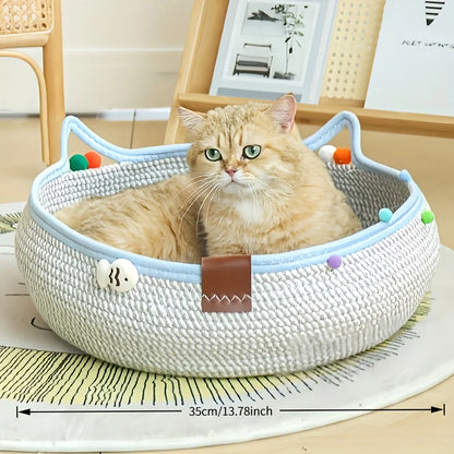 Cartoon Pet Cat Bed Round Hand Woven Rattan Cat Beds Summer Cooling Kitten Basket Cotton Rope Cat Scratching Baskets