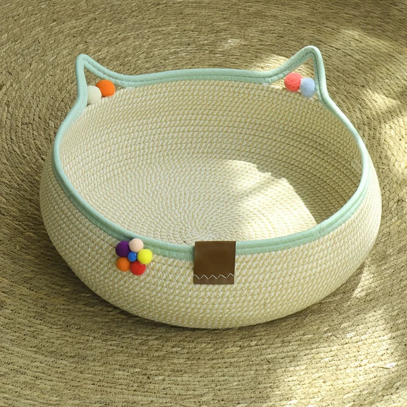 Cartoon Pet Cat Bed Round Hand Woven Rattan Cat Beds Summer Cooling Kitten Basket Cotton Rope Cat Scratching Baskets