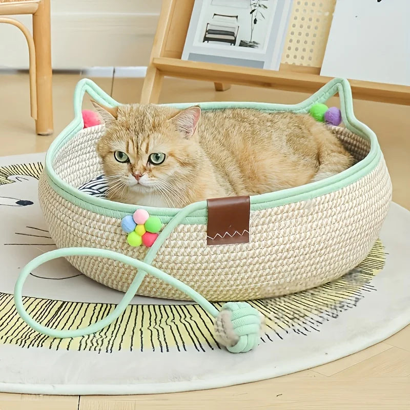 Cartoon Pet Cat Bed Round Hand Woven Rattan Cat Beds Summer Cooling Kitten Basket Cotton Rope Cat Scratching Baskets