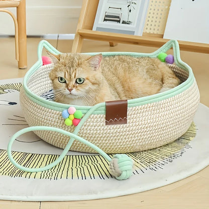 Cartoon Pet Cat Bed Round Hand Woven Rattan Cat Beds Summer Cooling Kitten Basket Cotton Rope Cat Scratching Baskets