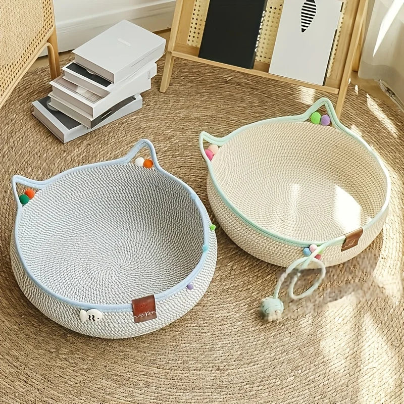 Cartoon Pet Cat Bed Round Hand Woven Rattan Cat Beds Summer Cooling Kitten Basket Cotton Rope Cat Scratching Baskets
