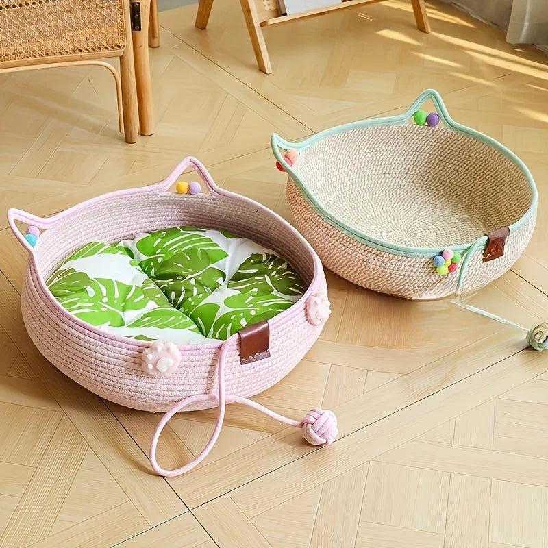Cartoon Pet Cat Bed Round Hand Woven Rattan Cat Beds Summer Cooling Kitten Basket Cotton Rope Cat Scratching Baskets