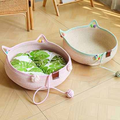 Cartoon Pet Cat Bed Round Hand Woven Rattan Cat Beds Summer Cooling Kitten Basket Cotton Rope Cat Scratching Baskets
