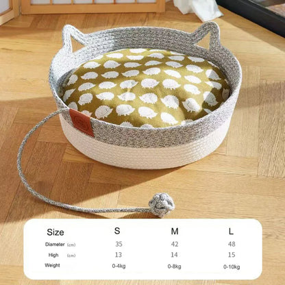 Japanese Pet Cat Bed Round Hand Woven Rattan Cat Beds Summer Cooling Kitten Basket Cotton Rope Cat Scratching Baskets