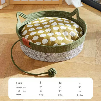 Japanese Pet Cat Bed Round Hand Woven Rattan Cat Beds Summer Cooling Kitten Basket Cotton Rope Cat Scratching Baskets