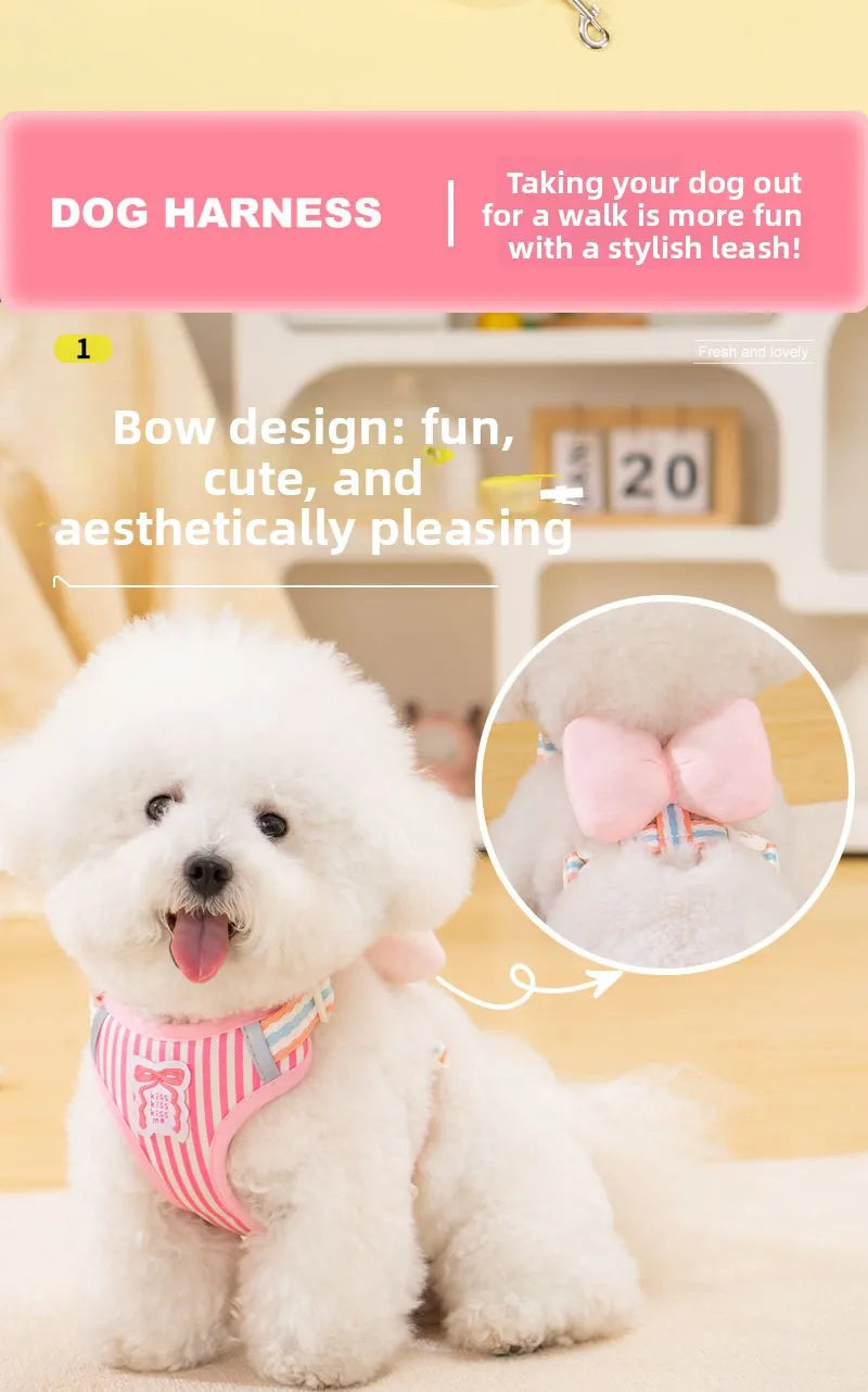 Dog harness with bow, all-season small breed no-pull leash, anti-escape leash for pet walking and gardening
